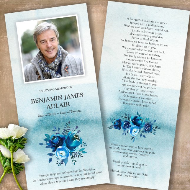 Sympathy Blue Flowers Funeral Thank You Card (Sympathy floral Celebration of Life, In Loving Memory, Forever in our Hearts Funeral thank you cards)