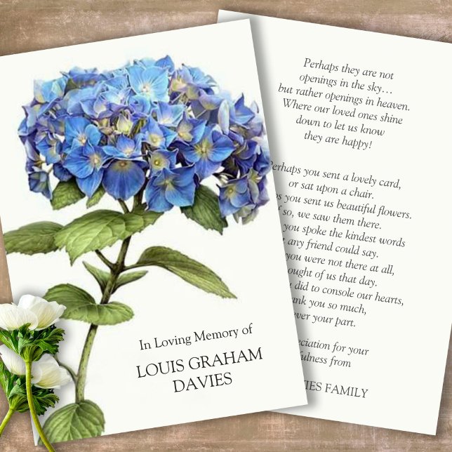Sympathy Blue Hydrangea Funeral Thank You Card (Sympathy floral Celebration of Life, In Loving Memory, Forever in our Hearts Funeral thank you cards)
