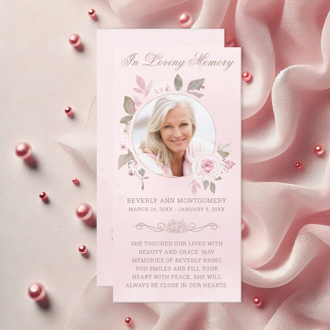 Sympathy Blush Rose Floral Photo Funeral Prayer (Elegant In Loving Memory Pink Rose Watercolor Floral Photo Funeral Card)
