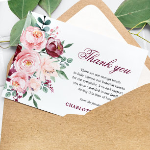 Sympathy Burgundy & Pink Roses THANK YOU PHOTO Card