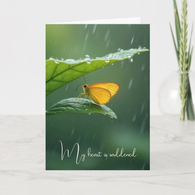 Sympathy Butterfly On a Green Leaf In the Rain Card (Front)