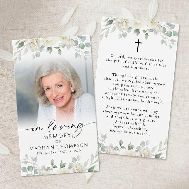 Sympathy Elegant Floral Cross Photo Prayer Card (Creator Uploaded)