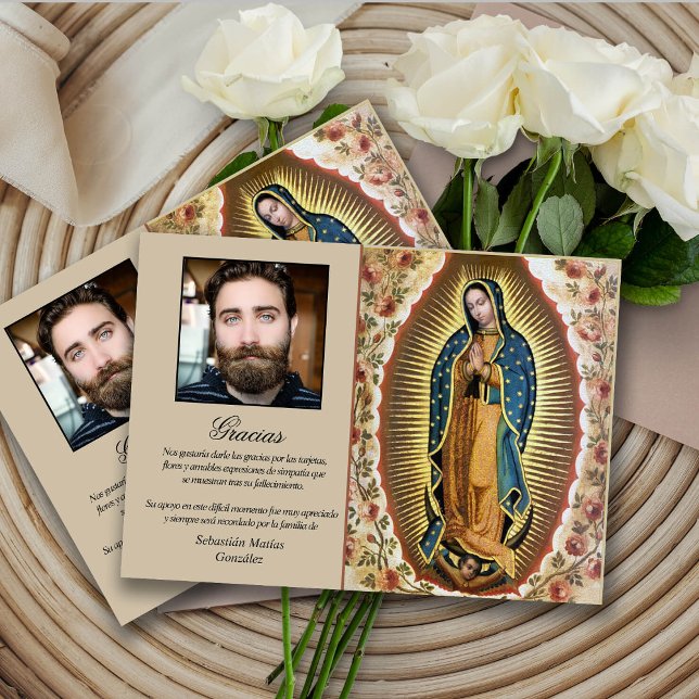 Sympathy Elegant Guadalupe Funeral Thank You Cards (la virgen de guada funeral memorial thank you card, funeral thank you cards, bereavement, elegant, )