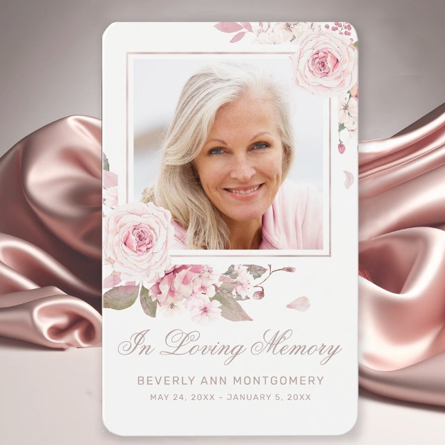 Sympathy Elegant Pink Rose Cross Photo Prayer Card (Elegant Pink Roses Photo Funeral Card with Prayer.)