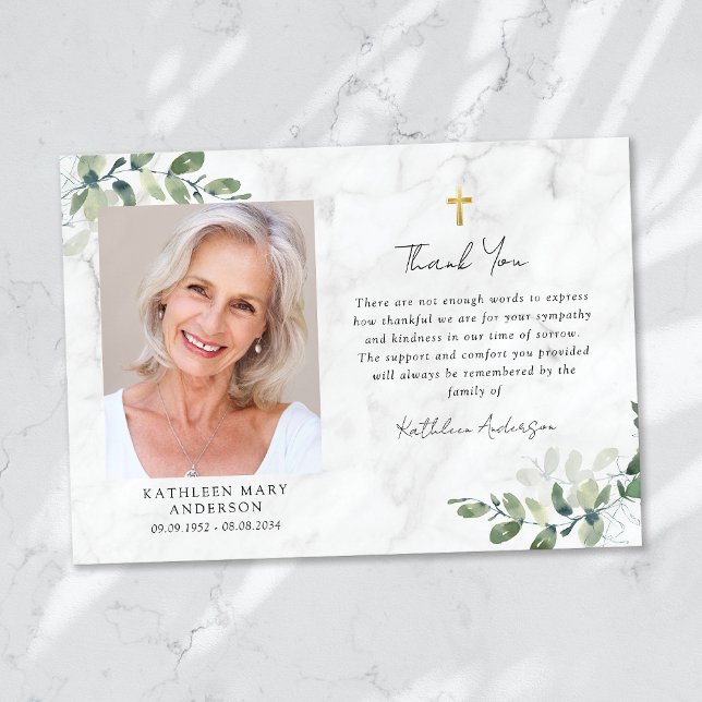 Sympathy Eucalyptus Cross Photo Funeral  Thank You Card (Creator Uploaded)