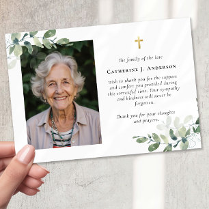 Sympathy Eucalyptus Cross Photo Funeral Thank You Card