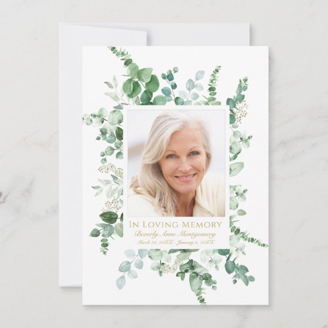 Sympathy Eucalyptus Greenery Gold Photo Memorial Thank You Card (Front)