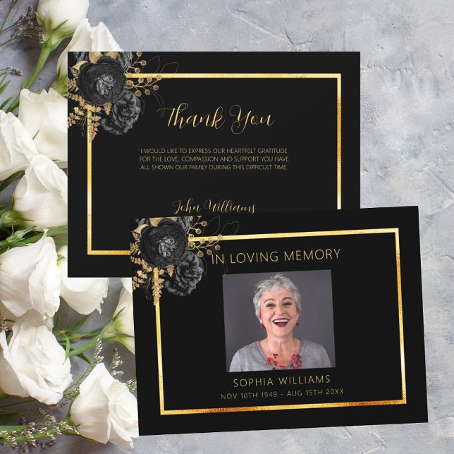 Sympathy funeral black floral photo thank you card (Creator Uploaded)