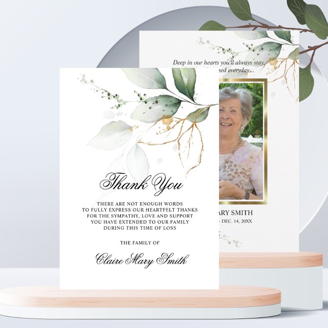 Sympathy Funeral THANK YOU Botanical Green PHOTO (Sympathy Funeral THANK YOU cards in Botanical Green Gold | add PHOTO)