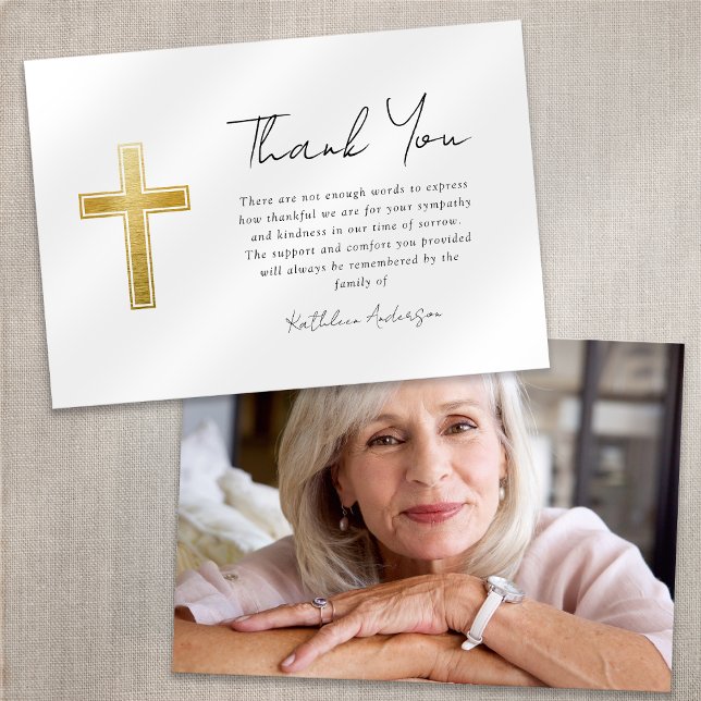Sympathy Gold Cross Photo Funeral  Thank You Card (Creator Uploaded)
