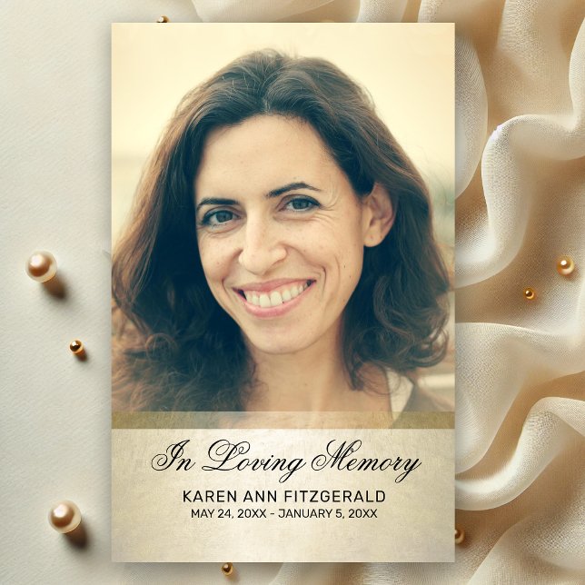 Sympathy Gold Shimmer Photo Memorial Funeral Card (Elegant In Loving Memory Black Script on Gold Shimmer Photo Funeral Card for Women with Poem)