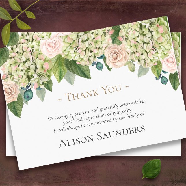Sympathy Hydrangea Roses Funeral Thank You Card (Sympathy Hydrangea Roses floral drop bereavement memorial funeral thank you card)