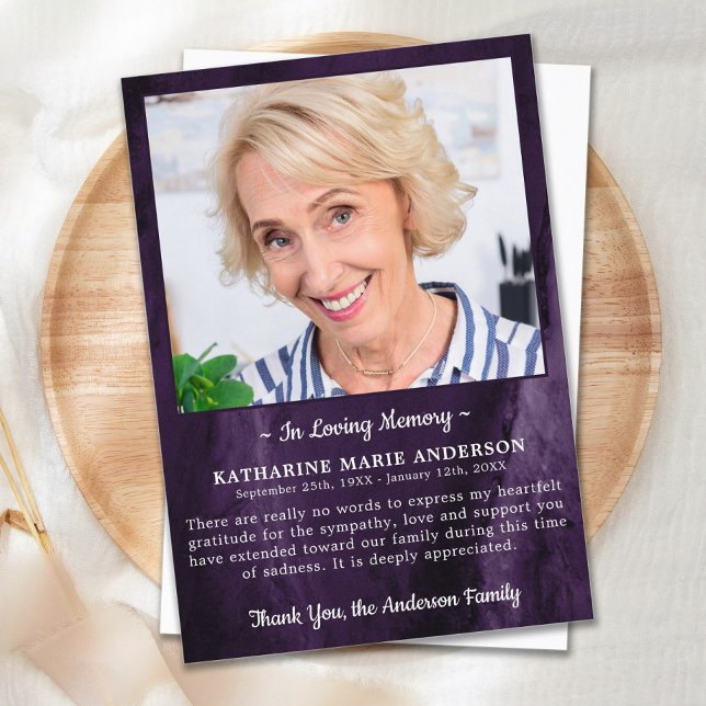 Sympathy Loving Memory Photo Marble Purple Funeral Thank You Card (Creator Uploaded)