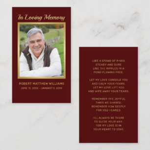 Sympathy Maroon Gold Photo Funeral Memorial Card