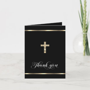 Sympathy Memorial Religious Cross Black Gold Thank You Card