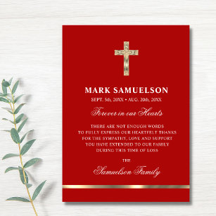Sympathy Memorial Religious Cross Red Gold Thank You Card