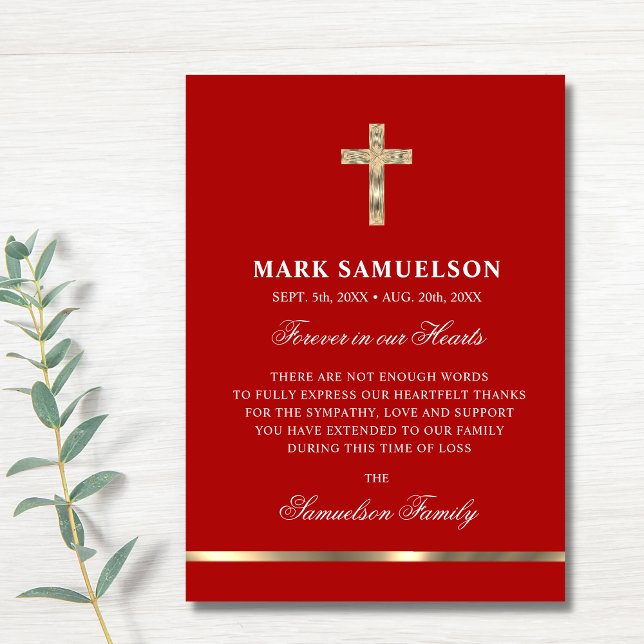 Sympathy Memorial Religious Cross Red Gold Thank You Card (Creator Uploaded)