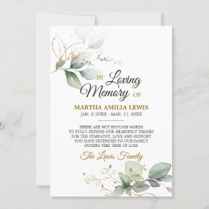 Sympathy Memory Greenery Gold THANK YOU POEM Card