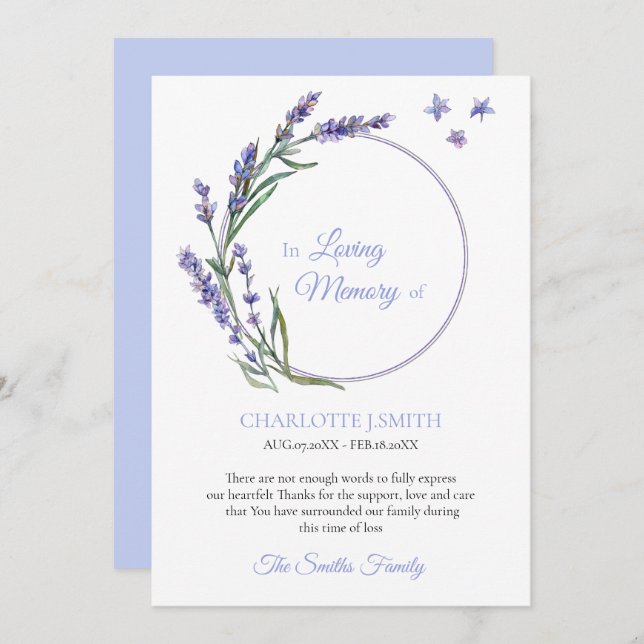 Sympathy Memory Lavender Flower Thank You Invitation (Front/Back)