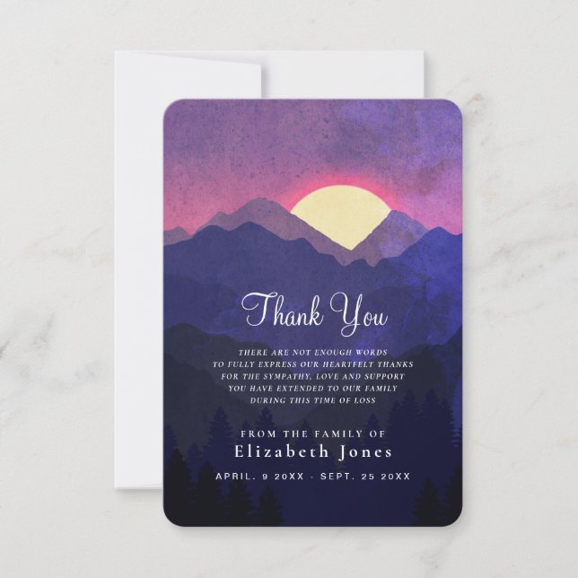 Sympathy Memory Sunset Mountain Thank You Card (Front)