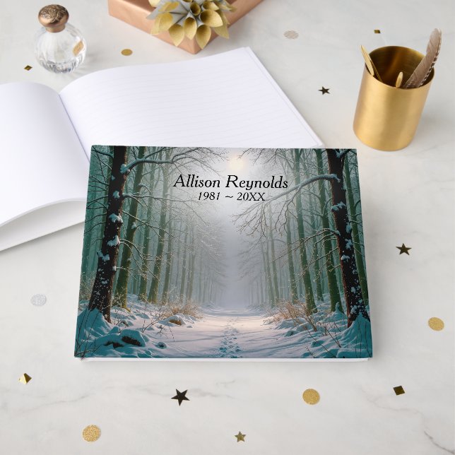 Sympathy Moonlight Footprints In a Snowy Forest Guest Book (Front Open)