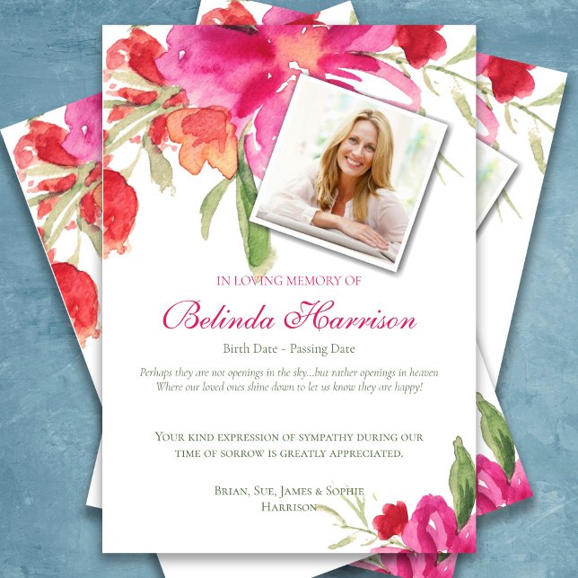 Sympathy Pink Floral Photo Funeral Thank You Card (Funeral Thank You Card, Watercolor Floral Pink, Sympathy Bereavement Card)