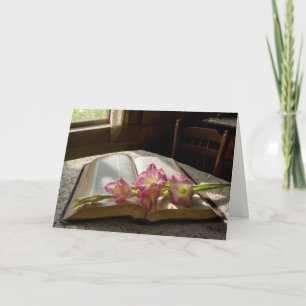 Sympathy Pink Gladiolus on an Open Holy Bible Card