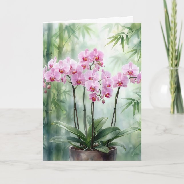 Sympathy Pink Orchids On Green Bamboo Card (Front)