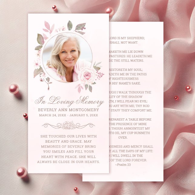 Sympathy Pink Rose Floral Photo Funeral Prayer (Elegant Pink Roses Floral Photo Funeral Prayer Card )