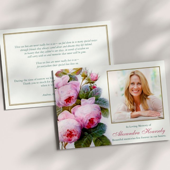 Sympathy Pink Roses Photo Funeral Thank You Card (Sympathy Botanical Pink Peony Roses Memorial Bereavement Funeral Thank You Cards)