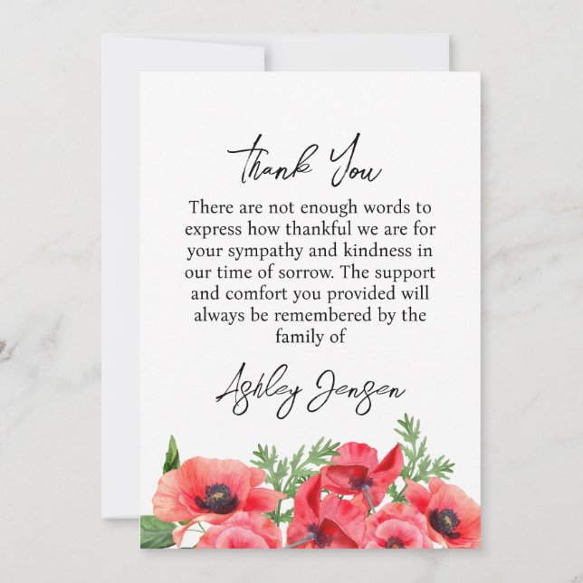 Sympathy Poppy Photo Funeral Thank You Card (Back)
