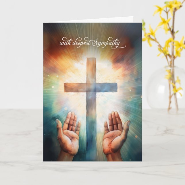 Sympathy Prayer Open Hands to God with Cross Card (Yellow Flower)
