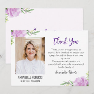 Sympathy Purple and Pink Flowers Photo Funeral  Thank You Card