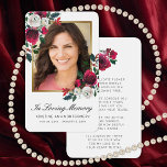 Sympathy Red Rose Black Script Photo Prayer Card<br><div class="desc">Send this elegant custom floral prayer card to family and friends in remembrance of your loved one. This design features a photo on the front framed in faux gold with hand painted red and white watercolor roses with greenery. Below in black script are the words "In Loving Memory" with a...</div>