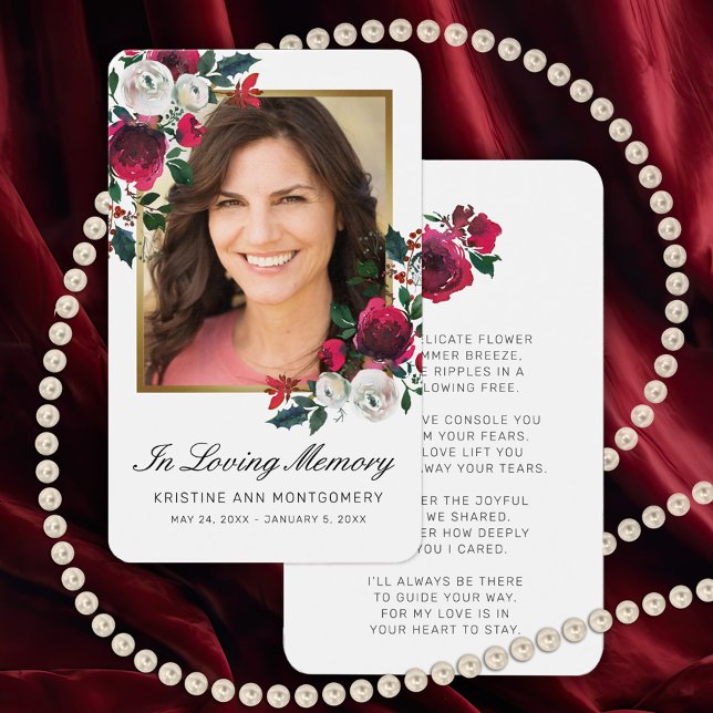 Sympathy Red Rose Black Script Photo Prayer Card (Red Rose Floral Memorial Card with a photo and also a poem on the back)