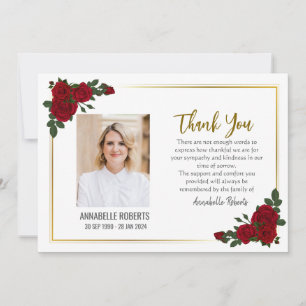 Sympathy Red Roses Golden Borders Photo Funeral  Thank You Card