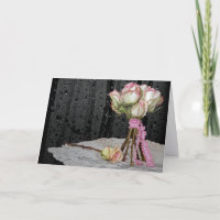 sympathy rose bouquet on doily with raindrops