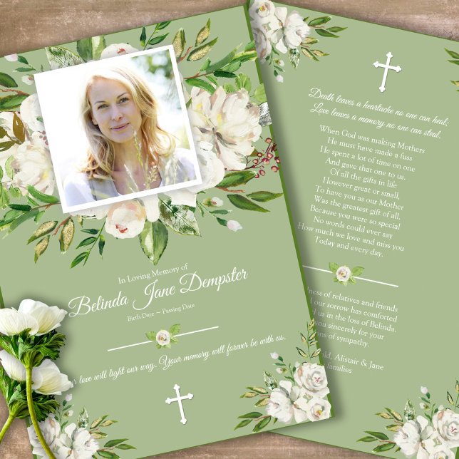 Sympathy Rose Cross Funeral Thank You Card (Sympathy floral Celebration of Life, In Loving Memory, Forever in our Hearts Funeral thank you cards)