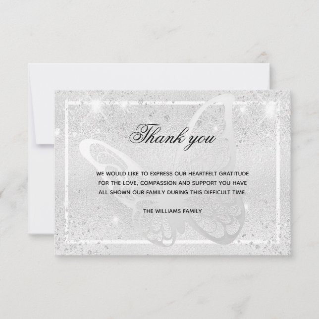 Sympathy silver butterfly photo thank you card (Front)