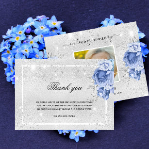 Sympathy silver glitter blue floral photo  thank y thank you card