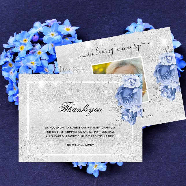Sympathy silver glitter blue floral photo  thank y thank you card (Creator Uploaded)