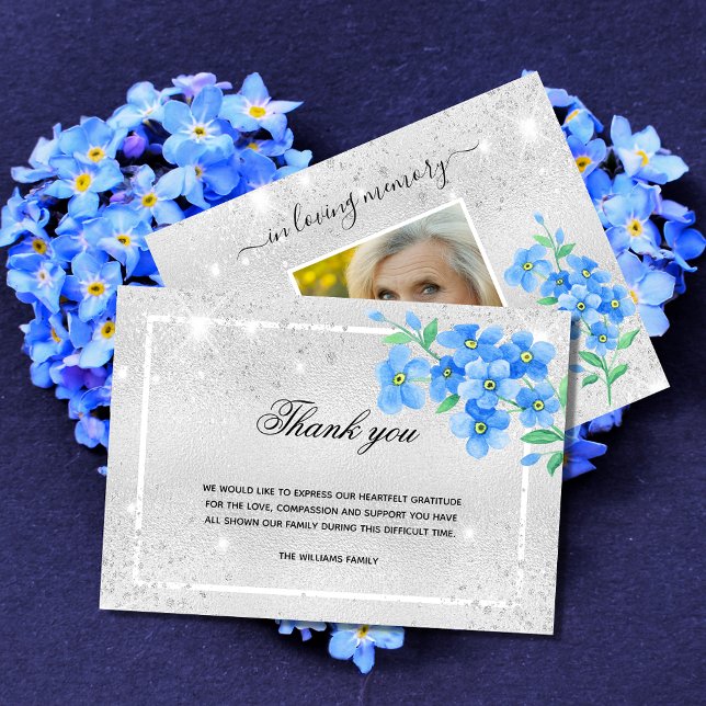 Sympathy silver glitter blue floral photo  thank you card (Creator Uploaded)