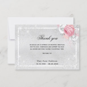 Sympathy silver pink flroal thank you card