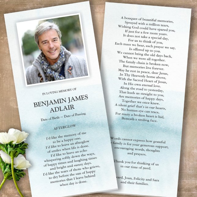 Sympathy Watercolor Blue Funeral Thank You Card (Sympathy Photo Celebration of Life, In Loving Memory, Forever in our Hearts Funeral thank you cards)