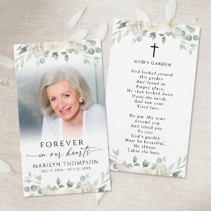 Sympathy White Floral Photo Cross Poem Prayer Card