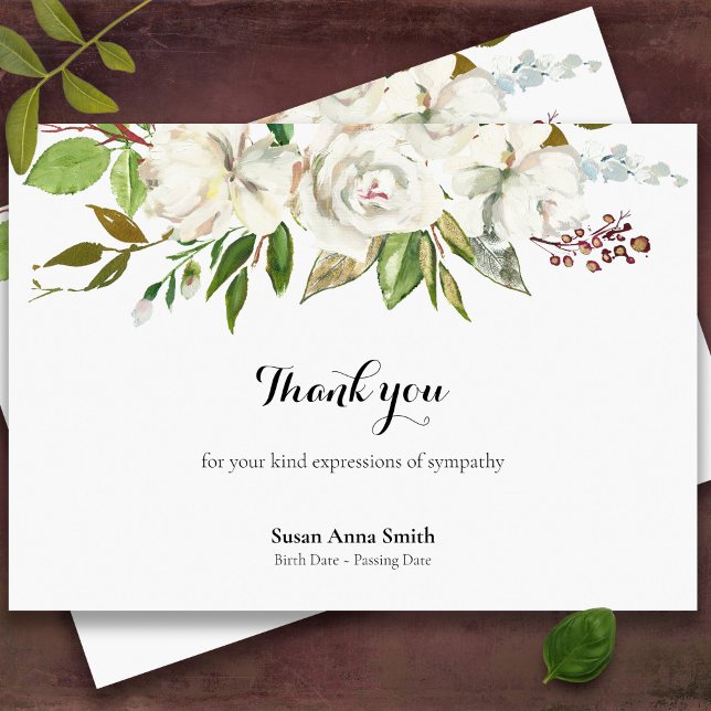 Sympathy White Roses Funeral Thank You Card (White roses sympathy bereavement memorial funeral thank you card)