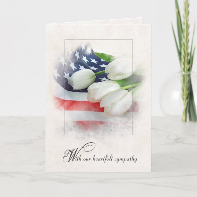 Sympathy White Tulips on American Flag  Card (Front)