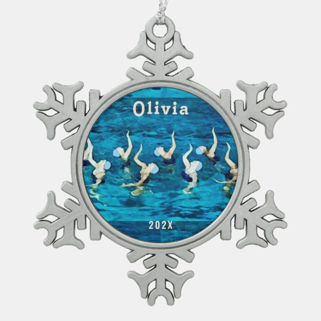 Synchronised Swimming Holiday Gift Snowflake Pewter Christmas Ornament (Front)