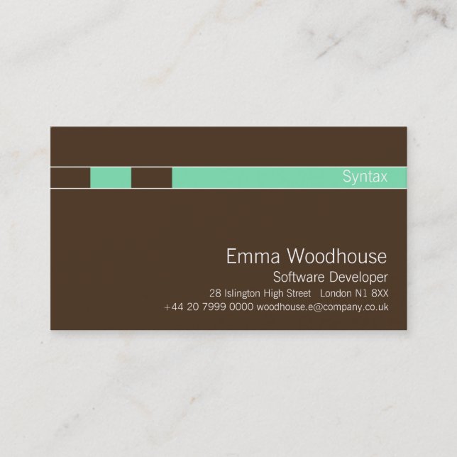 Syntax Chocolate Brown & Aquamarine Business Card (Front)