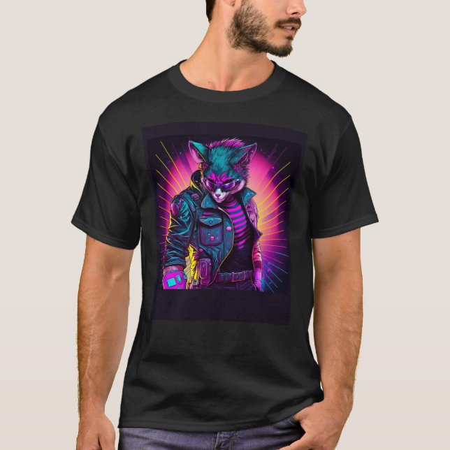 Synthwave Cat Retro 80s Vibe T-Shirt (Front)
